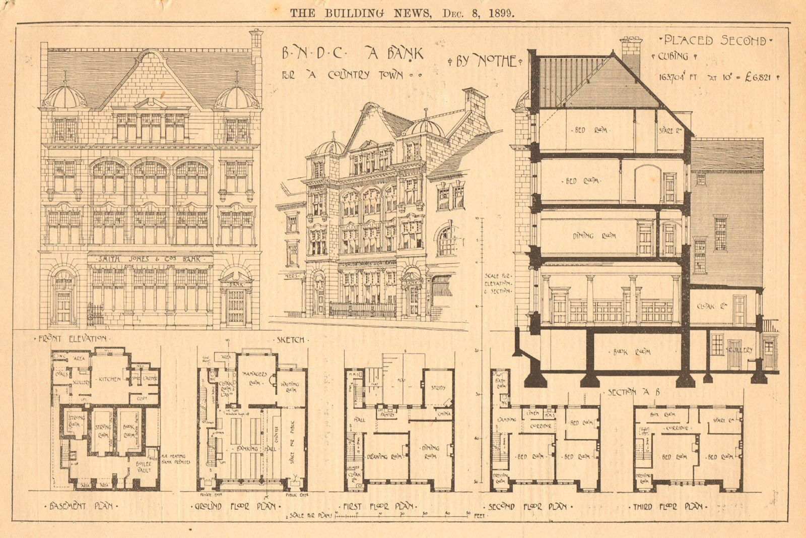 A bank for a country town by Nothe. Basement plan 1899 old antique print